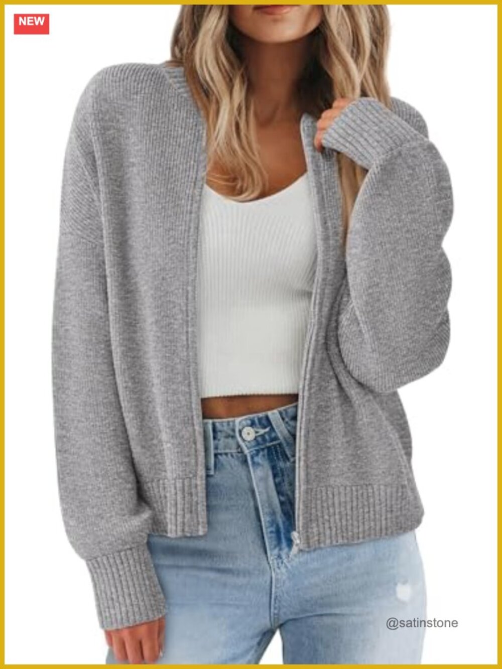 Chunky Knit Zipper Cardigan Sweater for Women Open Front Crop Fall Winter